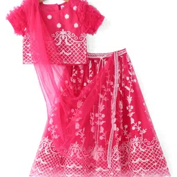Babyhug Woven Half Sleeves Choli & Lehenga Set with Dupatta Floral Embroidery Sequin & Frill Detailing - Fuschia-picture-25