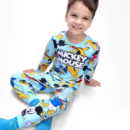 Babyhug Disney Single Jersey Knit Full Sleeves Night Suit with Mickey Mouse Print - Light Blue-picture-32