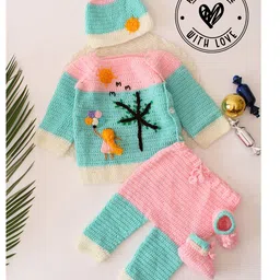 Woonie Full Sleeves Girl & Tree Designed Handmade Crotchet Sweater Set - Pink-picture-27