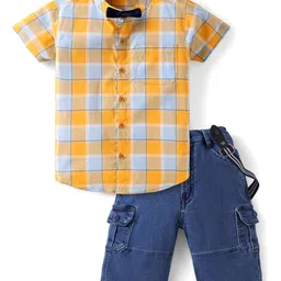 Dapper Dudes Half Sleeves Checked Shirt With Shorts Bow & Suspender Set - Mustard-image-15