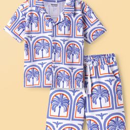 Honeyhap Premium Looper Knit Half Sleeves Co-ords Shirt & Shorts Set with Bio Finish & Coconut Tree Print - Bright White-picture-41