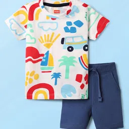 Babyhug Single Jersey Knit Half Sleeves T-Shirt & Shorts Set with Beach Theme Print - White & Navy Blue-picture-35