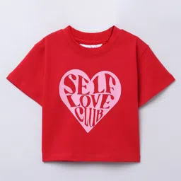 Taffykids 100% Cotton Half Sleeves Self Love Club Text Printed Crop Tee - Red & Pink-picture-28