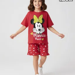 Honeyhap Disney Single Jersey Knit Oversize Drop Shoulder Half Sleeves Shorts Night Suit With Minnie Mouse Graphics - Red-picture-11