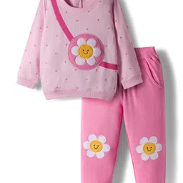 Babyhug Terry Knit Full Sleeves Top & Pant Set With Floral Print - Pink-picture-10