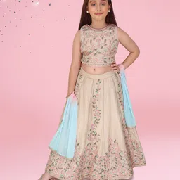 Cutecumber Satin Woven Sleeveless Floral Embroidered & Sequins Embellished Lehenga Choli With Dupatta Set - Beige-picture-24