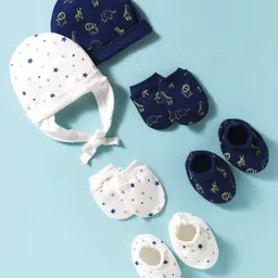 Doodle Poodle Interlock Cotton Knit Cap Mittens & Booties with Animal & Star Print Pack of 2 Navy Blue & White - Diameter 9.5 cm-picture-37