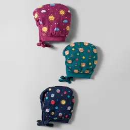 Simply Interlock Knit Caps with Knot with Space Theme Print Pack of 3 Wine Teal & Navy Blue - Diameter 6.5 cm-image-89