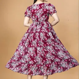 QENA Floral Print Puff Sleeve Georgette Fit & Flare Midi Dress image 3