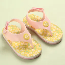 Babyoye Velcro Closure Flip Flops with Floral Print - Yellow image 2