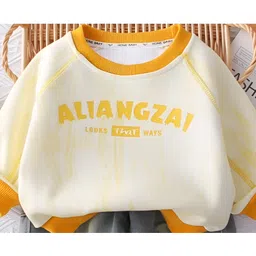 Googo Gaaga Cotton Knit Full Raglan Sleeves Typography Printed Light Winter Sweatshirt With Jeans Set - Cream image 4