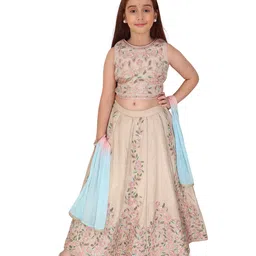 Cutecumber Satin Woven Sleeveless Floral Embroidered & Sequins Embellished Lehenga Choli With Dupatta Set - Beige image 5