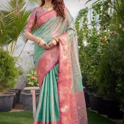 Satrani Green & Rani Pink Woven Saree With Unstitched Blouse-picture-19