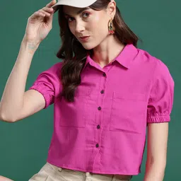 DressBerry Solid Puff Sleeve Crepe Shirt Style Top-image-42