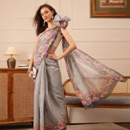 Silk Land Grey Printed Saree With Unstitched Blouse image 3