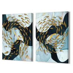 Art Street Blue & Golden Abstract Theme Stretched Canvas Painting - Set of 2 image 3