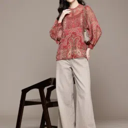 Aarke Ritu Kumar Red Indian Print Shirt with Camisole-image-83