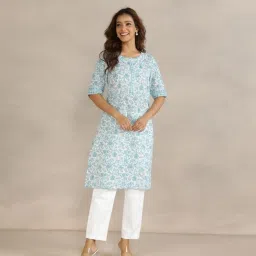 Fabindia White Cotton Printed Regular Fit Kurta image 3