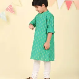 Fabindia Kids Green Cotton Regular Fit Printed Kurta image 3