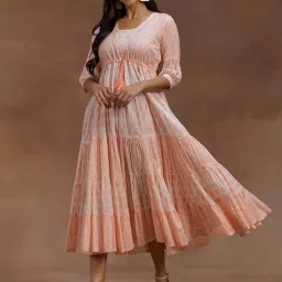 Libas White & Orange Cotton Floral Print A-Line Dress image 3