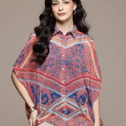Aarke Ritu Kumar Blue Indian Print Shirt with Camisole-image-82