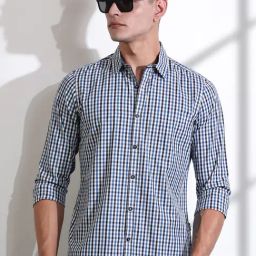 Thomas Scott Navy Cotton Slim Fit Checks Shirt-picture-9