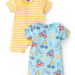 Babyhug 100% Cotton Knit Half Sleeves Striped  Romper Pack of 2- Multicolor-picture-28