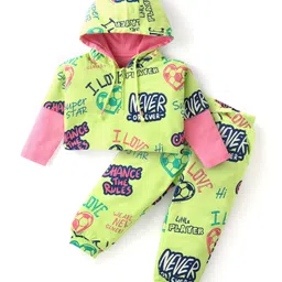 Babyhug Cotton Knit Full Sleeves Hooded T-Shirt & Lounge Pants Co-Ord Set With Football & Text Print - Limegreen & Pink-picture-21