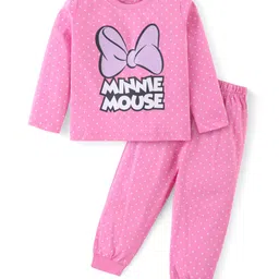 Babyhug Disney Cotton Knit Full Sleeves Night Suit With Minnie Mouse Graphics - Pink-image-49