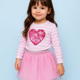 Babyhug Single Jersey Full Sleeves Top with Reverseble Sequinned Heart & Mid Thigh Length Skirt - Pink-picture-23