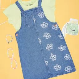 Pantaloons Junior Floral Embroidered Dungaree With Half Sleeves Solid Tee - Green-image-2