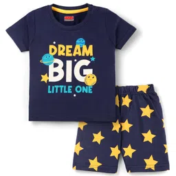 Babyhug Cotton Knit Half Sleeves Shorts Night Suit With Star & Text Print - Navy Blue-picture-21