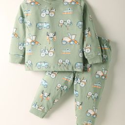 CUCUMBER Sinker Knit Full Sleeves Co-ords Night Suit with Car Print - Light Green-picture-26