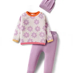 Babyhug Cotton Knit Full Sleeves Pullover Sweater Set with Cap & Floral Design - Lavender-picture-27