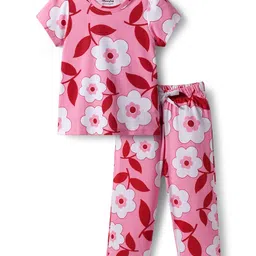 Honeyhap Premium 100% Cotton Knit Half Sleeves Night Suit With Bio Finish & Floral Print - Candy Pink/bright White-picture-13