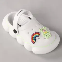 Cute Walk by Babyhug Back Strap Closure Clogs With Rainbow & Teddy Bear Applique - White image 3