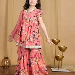 Cutiekins Georgette Woven Half Puffed Sleeves Floral Printed Lace Embellished Kurti & Sharara With Dupatta Set - Coral & Gold image 4
