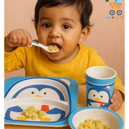 Sun & Shine Bamboo Fiber Baby Feeding Set, 5-Piece Tableware with Plate, Bowl, Cup, Spoon, Fork, BPA-Free, Natural | Perfect for Gifting (Blue Waddle) image 5