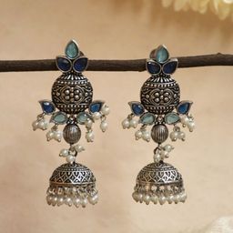 NAMAN ARTS Silver-Plated Artificial Stones Studded & Beaded Oxidised Dome Shaped Jhumkas-picture-45