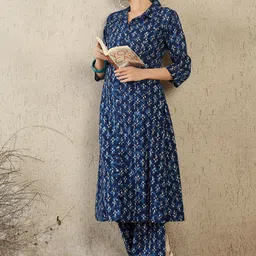 Indo Era Geometric Printed Shirt Collar A-Line Pure Cotton Kurta With Palazzos image 2