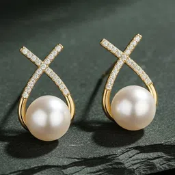 Vembley Gold-Plated Cubic Zirconia & Pearls Studded Spherical Shaped Studs image 2