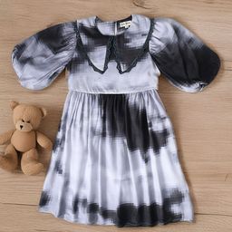 Bella Moda Abstract Printed Peter Pan Collar Puff Sleeves Cotton Fit and Flare Dress-picture-3