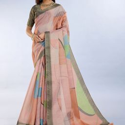 HERE&NOW Green Printed Art Silk Block Print Sarees-picture-17