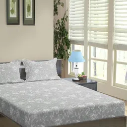 Trance Home Linen Grey Floral rinted Cotton 144TC FittedSingle Bedsheet Set 1.83m x 92Cm-image-49