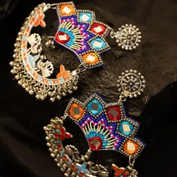 PANASH Silver-Plated Artificial Stones Studded Peacock Shaped Drop Earrings image 5