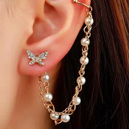 DressBerry Agate Studded & Pearls Beaded Contemporary Shaped Ear Cuff-image-93