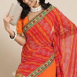 DIVASTRI Embellished Embroidered Pure Georgette Half and Half Bandhani Saree-image-45