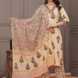 SARAI CREATIONS Women Ethnic Motifs Printed Regular Pure Cotton Kurta with Trousers & With Dupatta-image-71