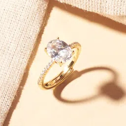 SALTY Golden Oval-Cut American Diamond Studded Ring For Women & Girls-picture-14