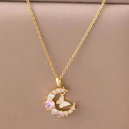 Jewels Galaxy Stainless Steel Gold-Plated Stones Studded Butterfly Pendant With Chain-image-15